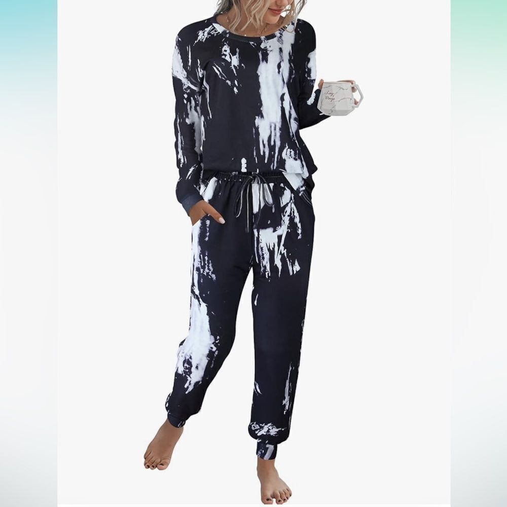 Boho Black 2 Piece Tie Dye Jogger Pants and Top Loungewear Pajamas Set